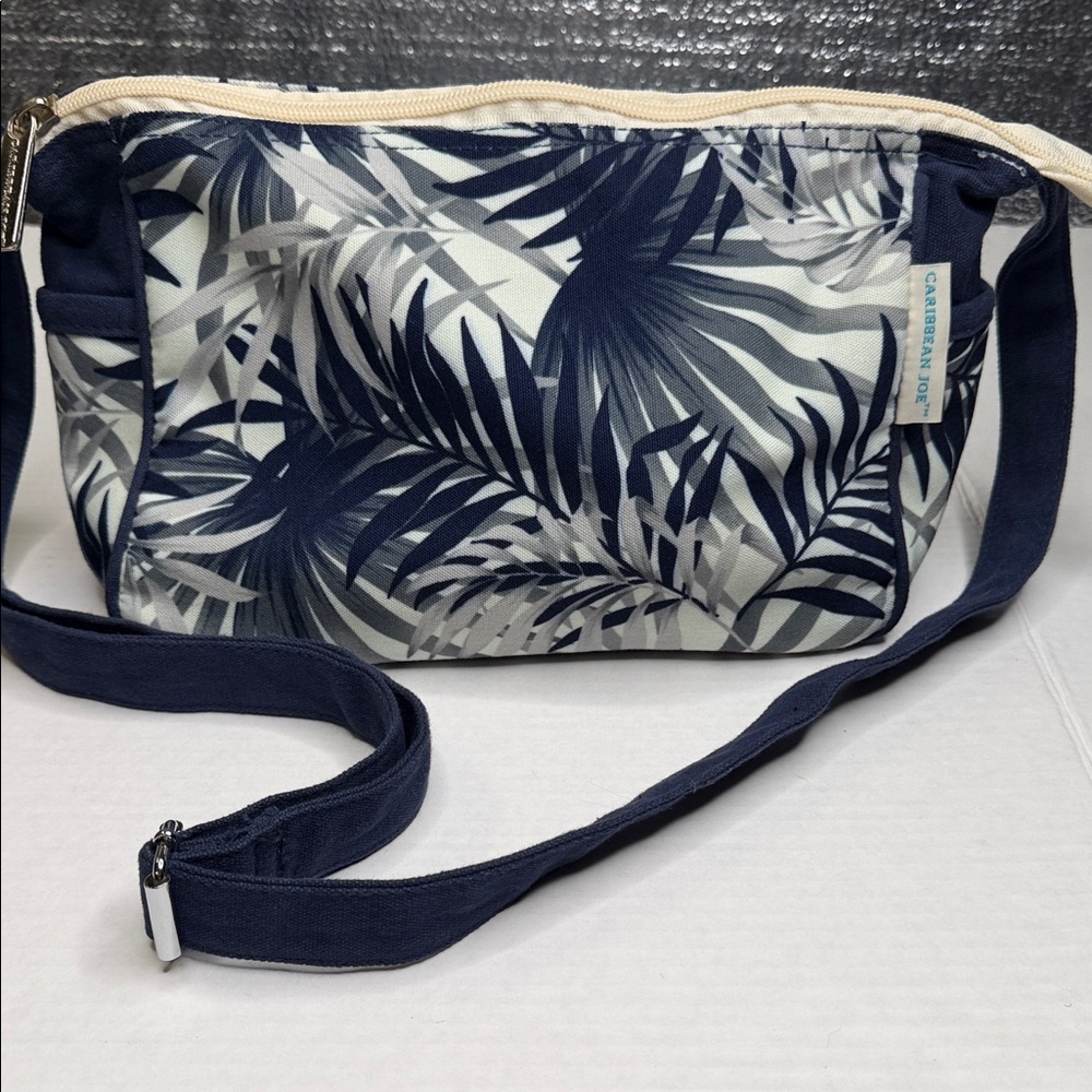 Caribbean Joe Navy and White Tropical Leaf Crossbody Bag
